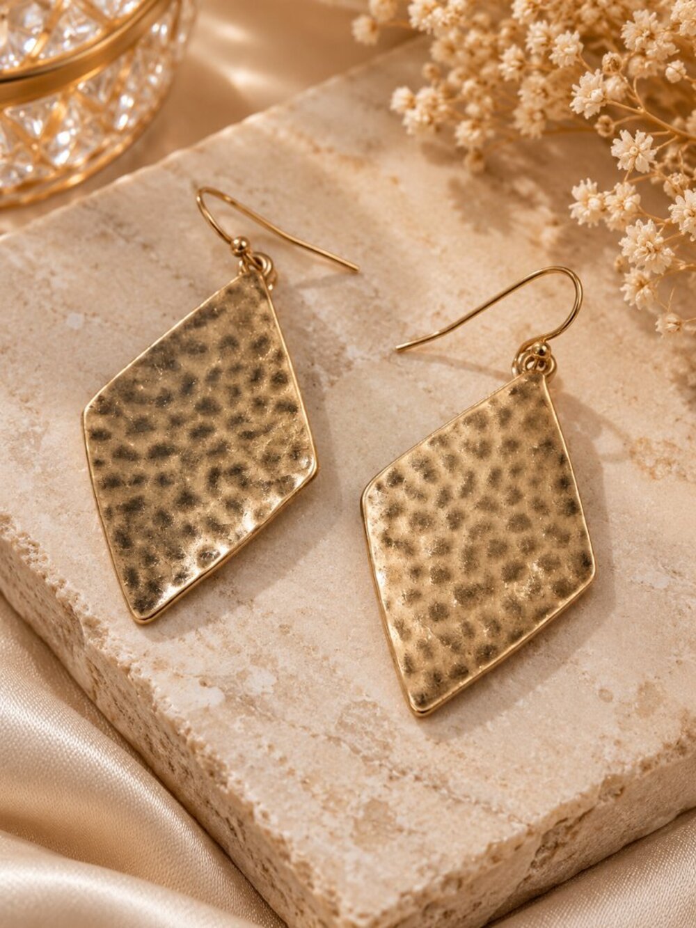 Gold Tone Hammered Diamond Drop Earrings Geometric Statement Jewelry